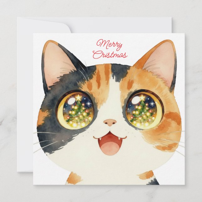 Cartes Pour Fêtes Annuelles Cute Cat Christmas gazing at tree lights (Devant)