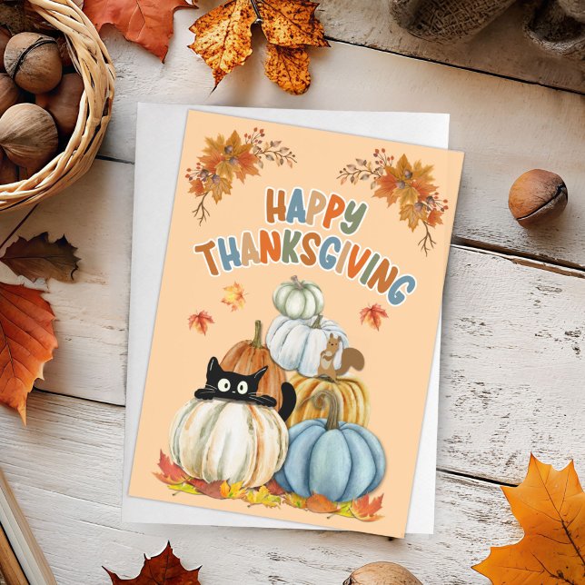 Cartes Pour Fêtes Annuelles Cute chat et Bon thanksgiving Citrouille rétro (Créateur téléchargé)