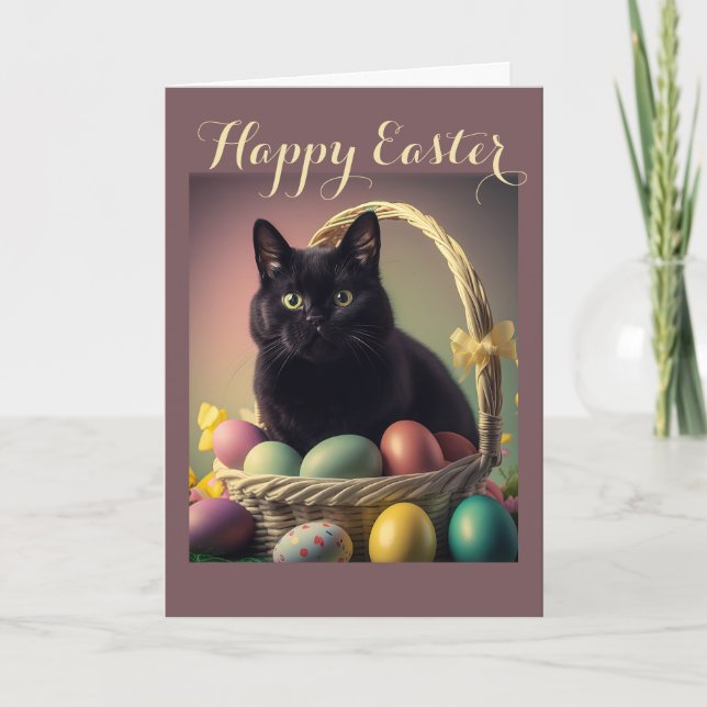 Cartes Pour Fêtes Annuelles Cute chat noir avec oeufs de Pâques dans le panier (Devant)