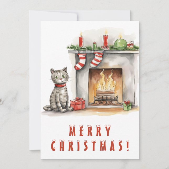 Cartes Pour Fêtes Annuelles Cute Chat près de la cheminée Joyeux Noël (Devant)