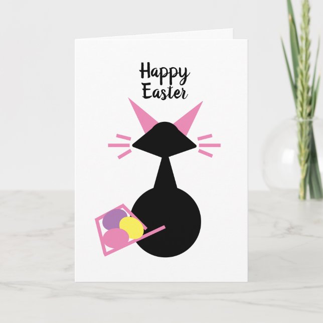 Cartes Pour Fêtes Annuelles Cute Chat Rose Kitty Oeufs Chat Noir Joyeux Pâques (Devant)