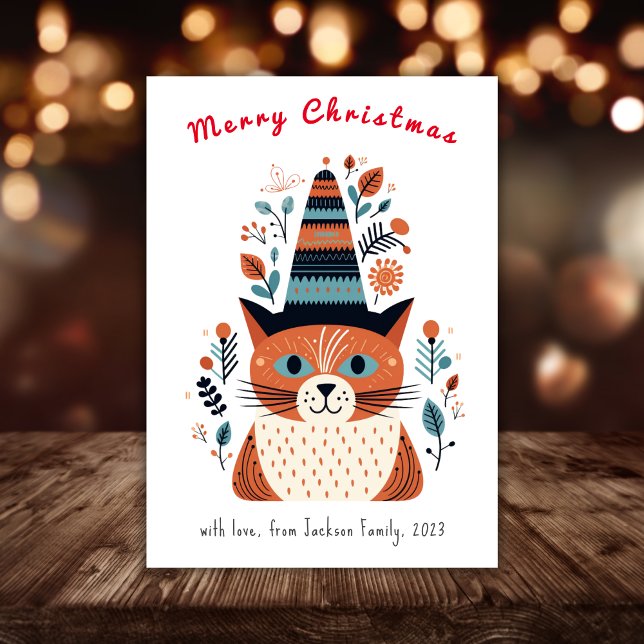 Cartes Pour Fêtes Annuelles Cute Chat Scandinave Folk Art Noël (Scandinavian Folk Art Christmas Card)