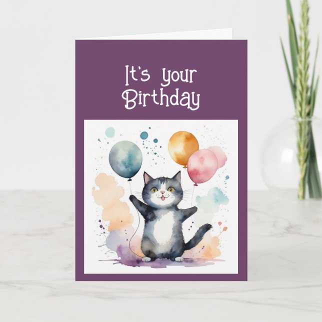 Cartes Pour Fêtes Annuelles Cute Chat Whimsical Jouer Ballons Anniversaire Amu (Devant)