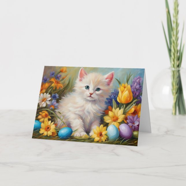 Cartes Pour Fêtes Annuelles Cute chaton de Pâques avec fleurs et oeufs de Pâqu (Devant)