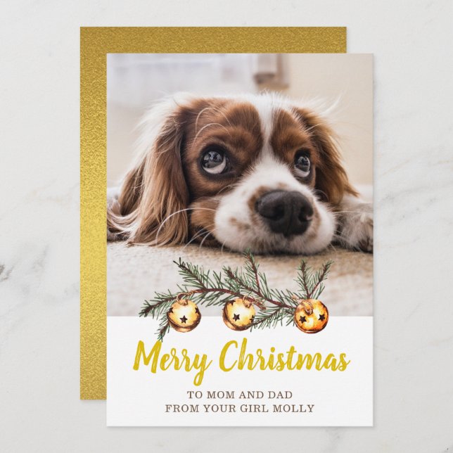Cartes Pour Fêtes Annuelles Cute Chien Photo Joyeux Noël Maman Papa Gold (Devant / Derrière)