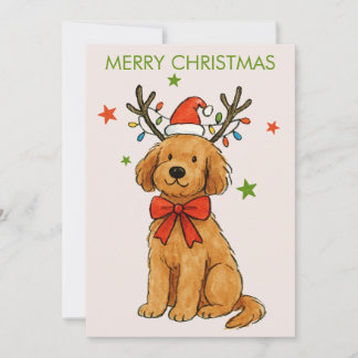 Cartes Pour Fêtes Annuelles Cute Christmas Dog with Santa Hat & Lights 
