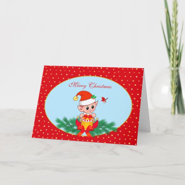 Cartes Pour Fêtes Annuelles Cute Christmas Elf & Oiseau sur fond Bleu Clair &  (Devant)