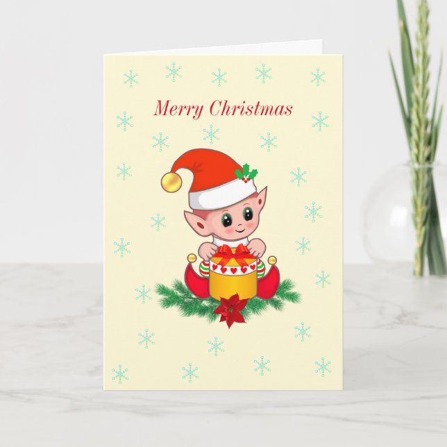 Cartes Pour Fêtes Annuelles Cute Christmas Elf & Snowflakes sur ivoire (Devant)