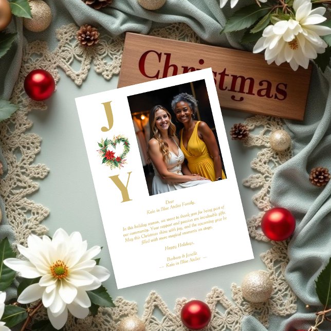 Cartes Pour Fêtes Annuelles Cute Christmas Heart Floral Wreath Gold Business (Cute Christmas Heart Floral Wreath Gold Business Business Holidays Cards with Photo.)