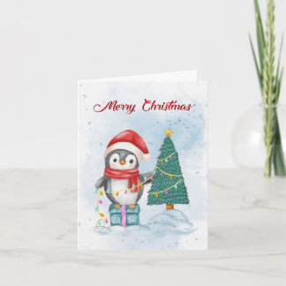 Cartes Pour Fêtes Annuelles Cute Christmas Penguin Decorating Tree with Lights