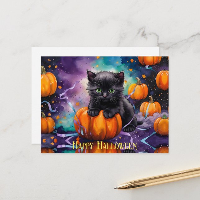 Cartes Pour Fêtes Annuelles Cute Citrouilles de Kitten noir et ruban (Devant/Arrière en situation)