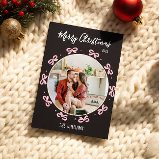 Cartes Pour Fêtes Annuelles Cute Conquette Black & Pink Bow Holiday Photo