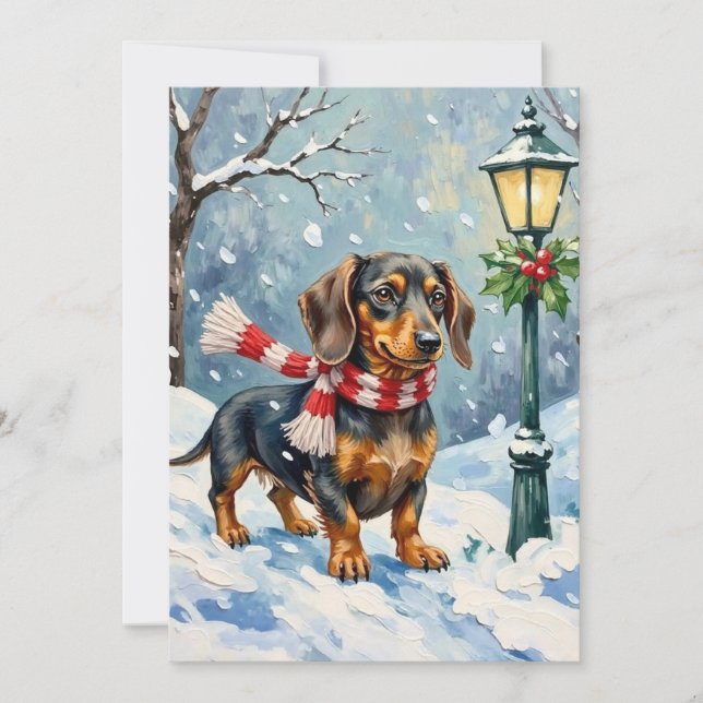 Cartes Pour Fêtes Annuelles Cute Dachshund Puppy Cozy Winter Scarf Art (Devant)