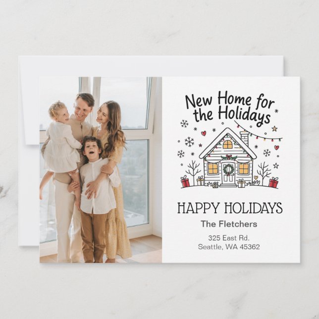 Cartes Pour Fêtes Annuelles Cute Doodle New Home for The Holidays Moving Photo (Devant)