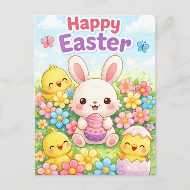 Cartes Pour Fêtes Annuelles Cute Easter Bunny & Chicks | Happy Easter (Devant)