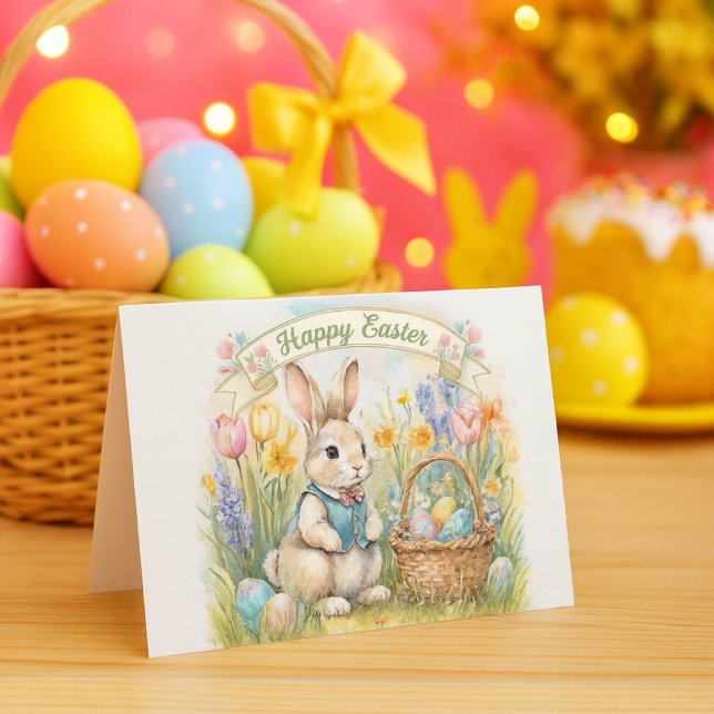 Cartes Pour Fêtes Annuelles Cute Easter Bunny Children's Holiday Card (Watercolor Easter card with bunny, tulips, daffodils, and basket of eggs under “Happy Easter” banner)