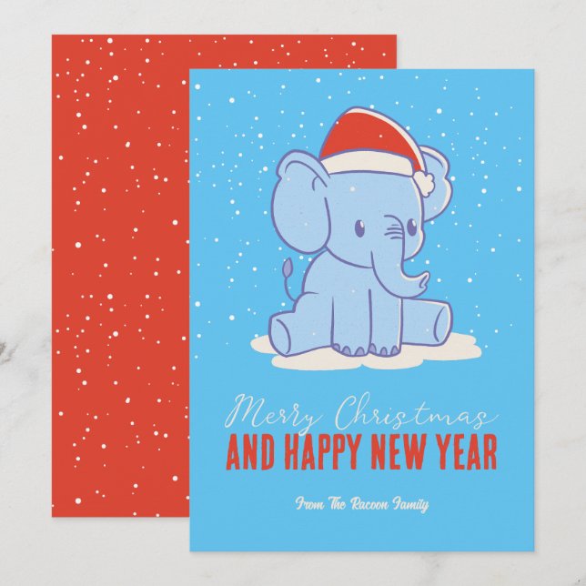 Cartes Pour Fêtes Annuelles Cute Elephant Père Noël Vacances d'hiver Joyeux No (Devant / Derrière)