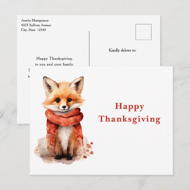 Cartes Pour Fêtes Annuelles Cute Fox Pup in a Red Scarf Thanksgiving (Devant / Derrière)