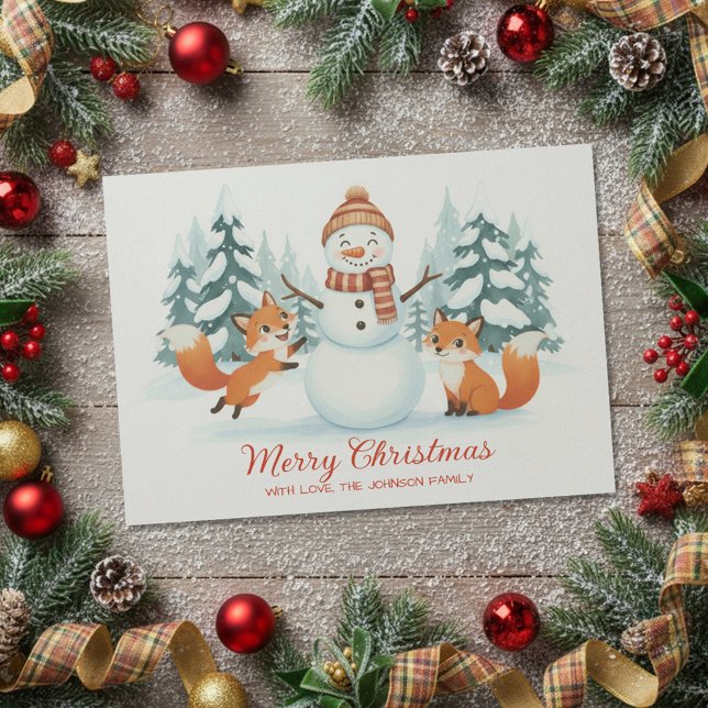 Cartes Pour Fêtes Annuelles Cute Foxes and Snowman Merry Christmas (Créateur téléchargé)