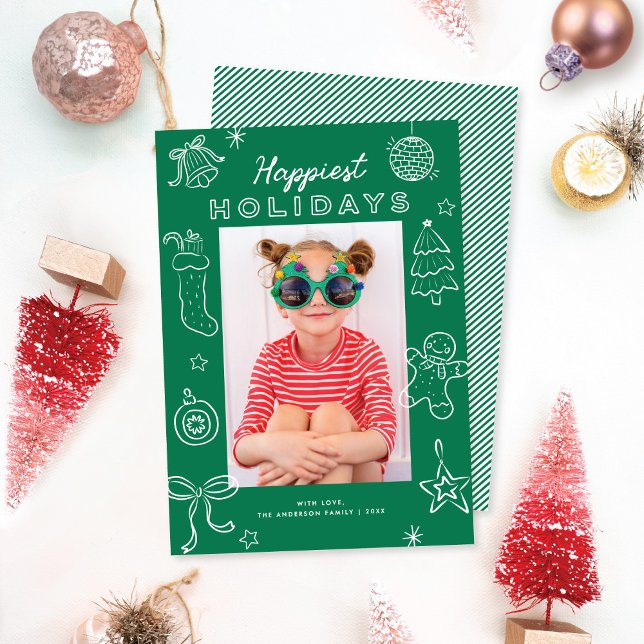 Cartes Pour Fêtes Annuelles Cute Fun Doodles Green Christmas Photo (Créateur téléchargé)