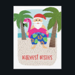 Cartes Pour Fêtes Annuelles Cute Funny Tropical Santa Christmas<br><div class="desc">This adorable holiday postcard fea hand drawn tropical Santa, wearing colorm swim trunks and a bright fuchsia flamingo float ! Other fun details include palm trees, the ocean, and a sandy beach. Easy to customize with your own text on the back ! Send smiles this Christmas season or for Christmas...</div>