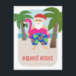 Cartes Pour Fêtes Annuelles Cute Funny Tropical Santa Christmas<br><div class="desc">This adorable holiday postcard fea hand drawn tropical Santa, wearing colorm swim trunks and a bright fuchsia flamingo float ! Other fun details include palm trees, the ocean, and a sandy beach. Easy to customize with your own text on the back ! Send smiles this Christmas season or for Christmas...</div>