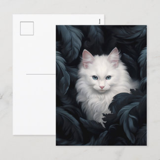 Cartes Pour Fêtes Annuelles Cute Furry Chat Blanc Assis Parmi Les Feuille