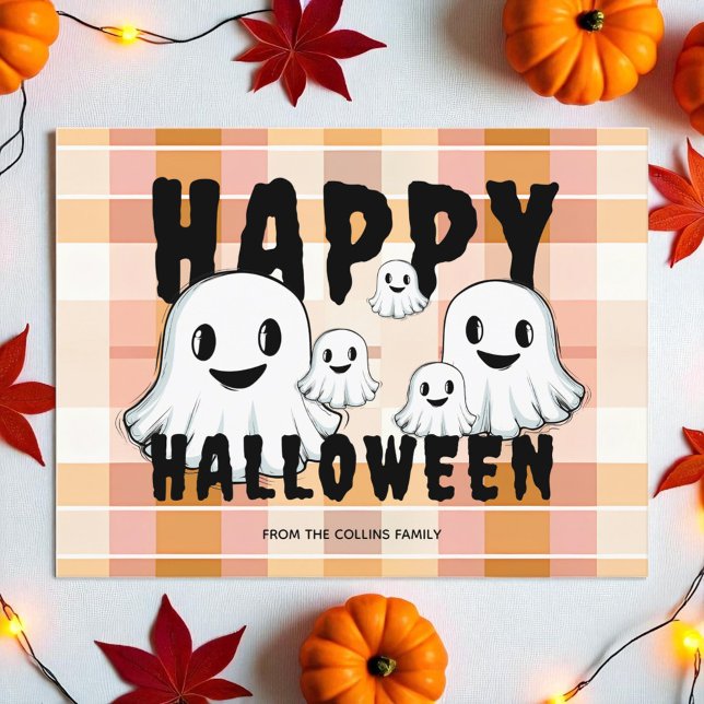 Cartes Pour Fêtes Annuelles Cute Ghost Famille Moderne Orange Joyeux Halloween (Cute Ghost Family Modern Orange Happy Halloween Holiday Postcard)