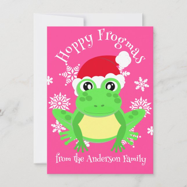 Cartes Pour Fêtes Annuelles Cute Girl Grenouille rose Noël Santa Hat Nouveauté (Devant)