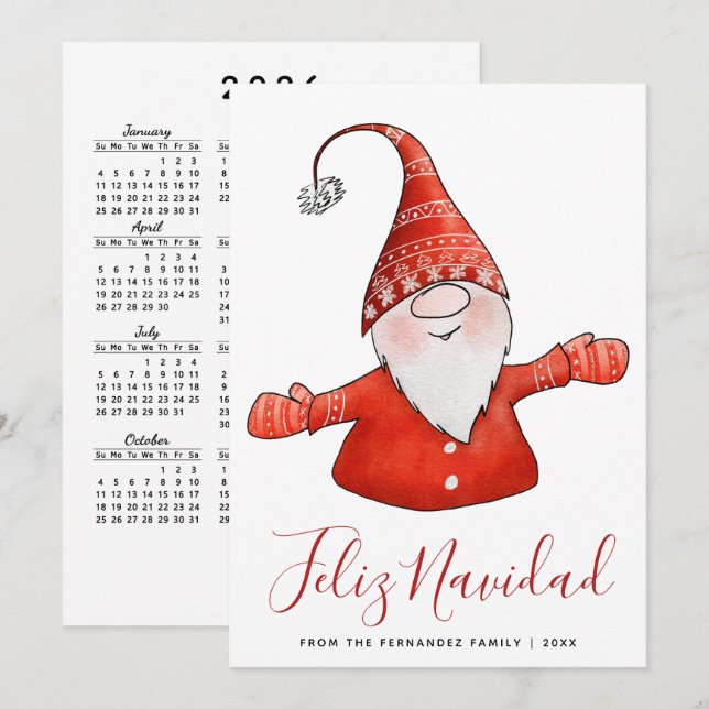 Cartes Pour Fêtes Annuelles Cute Gnome Modern Feliz Navidad avec Calendrier 20 (Devant / Derrière)