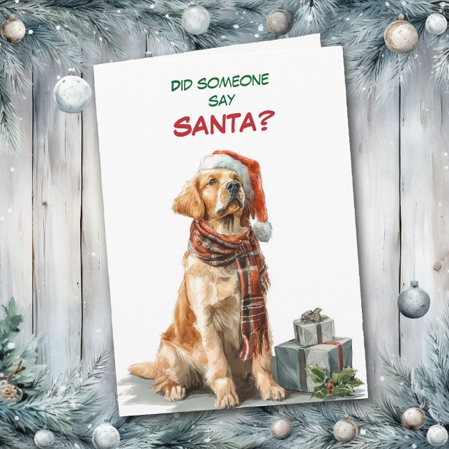Cartes Pour Fêtes Annuelles Cute Golden Retriever Looks for Santa (Créateur téléchargé)