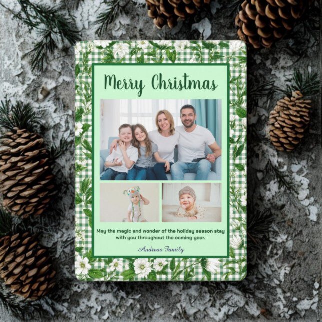 Cartes Pour Fêtes Annuelles Cute Green Gingham Plaid 3 Photo Christmas  (Créateur téléchargé)