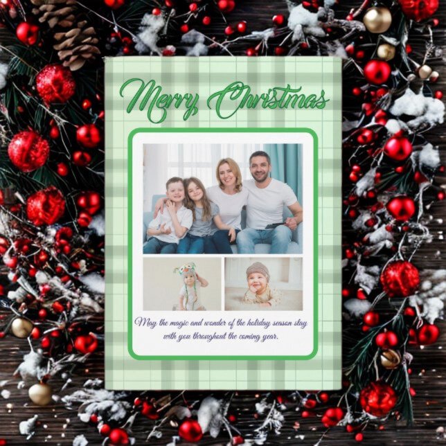 Cartes Pour Fêtes Annuelles Cute Green Plaid Portrait Photo Christmas (Créateur téléchargé)