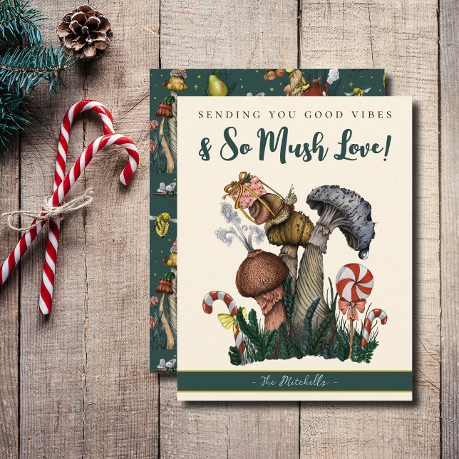 Cartes Pour Fêtes Annuelles Cute Green Snail Champignons Good Vibes Noël (So Mush Love Mushroom Christmas Cards)