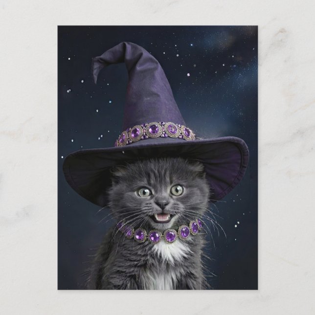 Cartes Pour Fêtes Annuelles Cute Grey Kitten Chat avec Casquette sorcier Hallo (Devant)