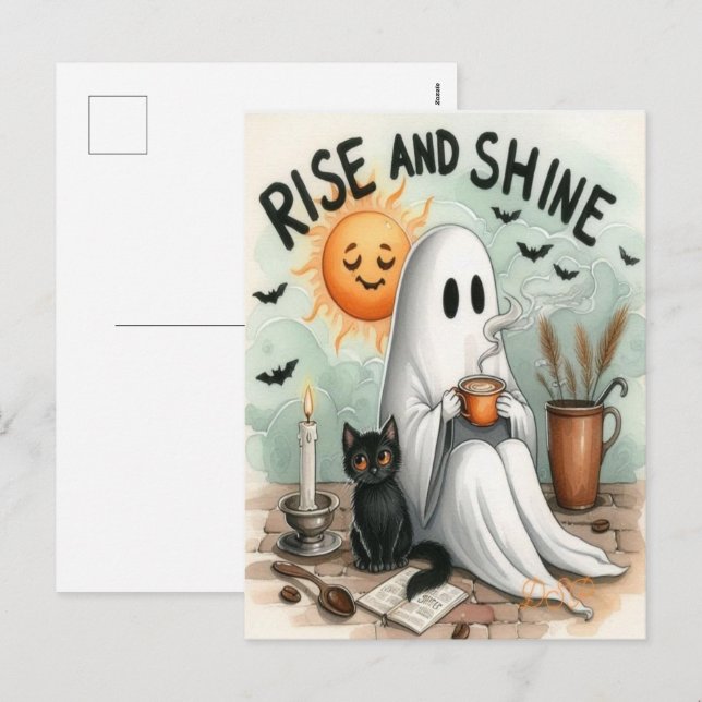 Cartes Pour Fêtes Annuelles Cute Halloween Ghost Drink Citrouille Éffrayant 20 (Devant / Derrière)