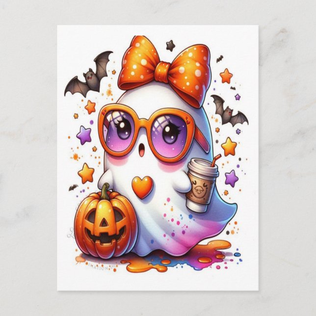 Cartes Pour Fêtes Annuelles Cute Halloween Ghost Drink Citrouille Éffrayant 20 (Devant)