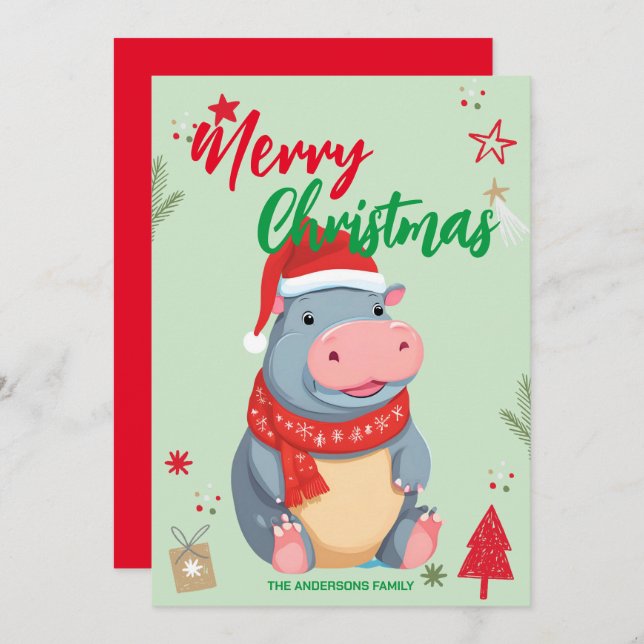 Cartes Pour Fêtes Annuelles Cute HIPPO père Noël Noël Nom de famille (Devant / Derrière)