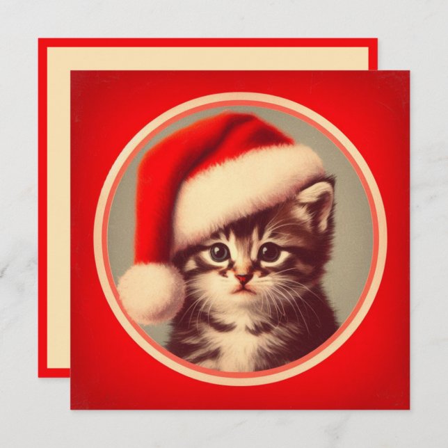 Cartes Pour Fêtes Annuelles Cute Kitten à Santa Hat Red Retro (Devant / Derrière)