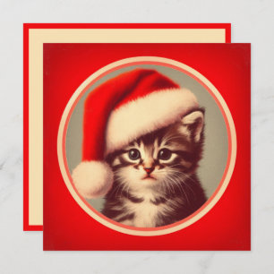 Cartes Pour Fêtes Annuelles Cute Kitten à Santa Hat Red Retro