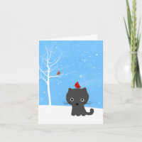 Cute Kitty Chat & Little Red Birds Noël blanc