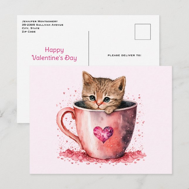 Cartes Pour Fêtes Annuelles Cute Kitty dans un Teacup avec coeur Saint Valenti (Devant / Derrière)