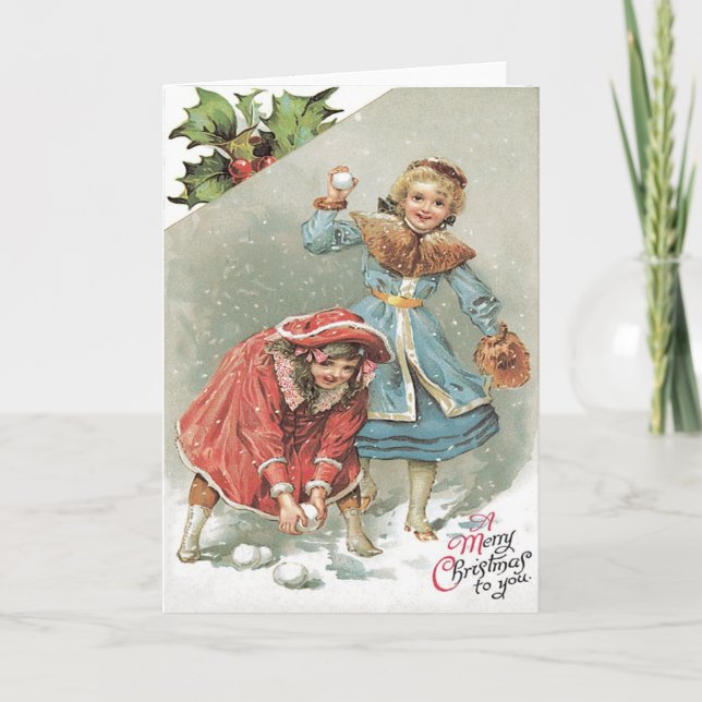 Cartes Pour Fêtes Annuelles Cute Little Girls Snowball Combat (Devant)