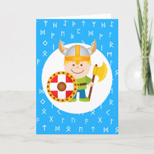 Cartes Pour Fêtes Annuelles Cute Little Viking sur Viking Runes Blue Arrière -