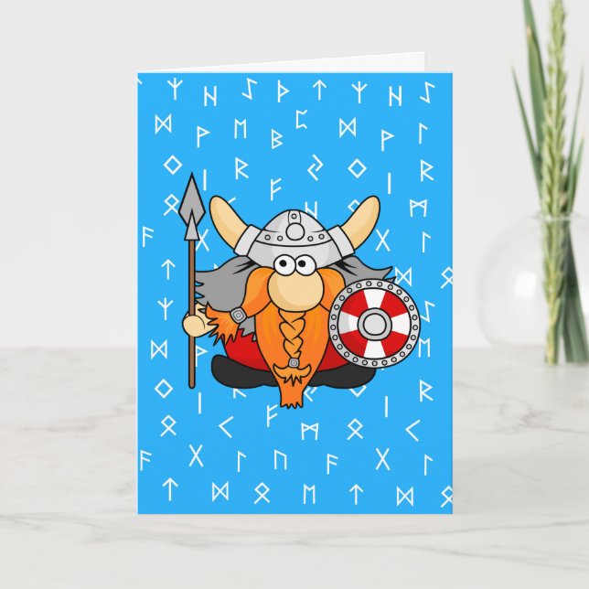 Cartes Pour Fêtes Annuelles Cute Little Viking sur Viking Runes Blue Arrière - (Devant)