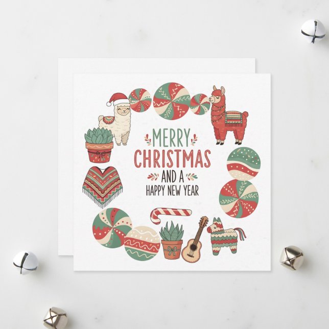Cartes Pour Fêtes Annuelles Cute Llama and Poncho Andean Christmas Card (Devant/Arrière en situation)