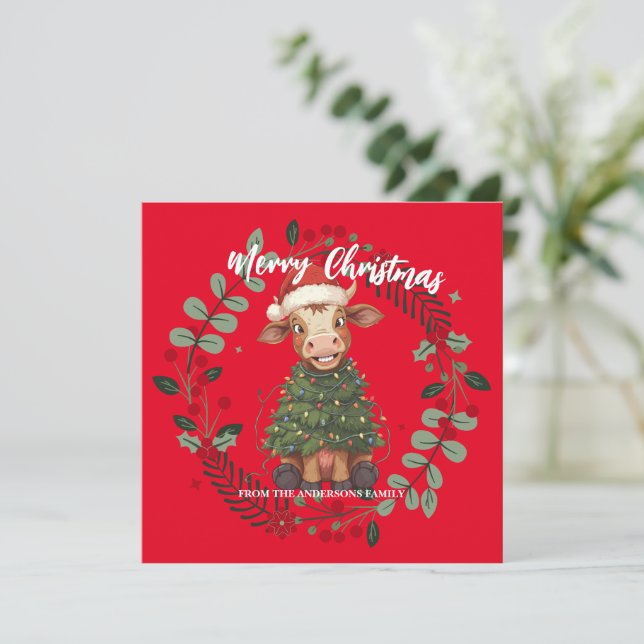 Cartes Pour Fêtes Annuelles Cute merry Cow Christmas tree calf ox Xmas pattern (Debout devant)