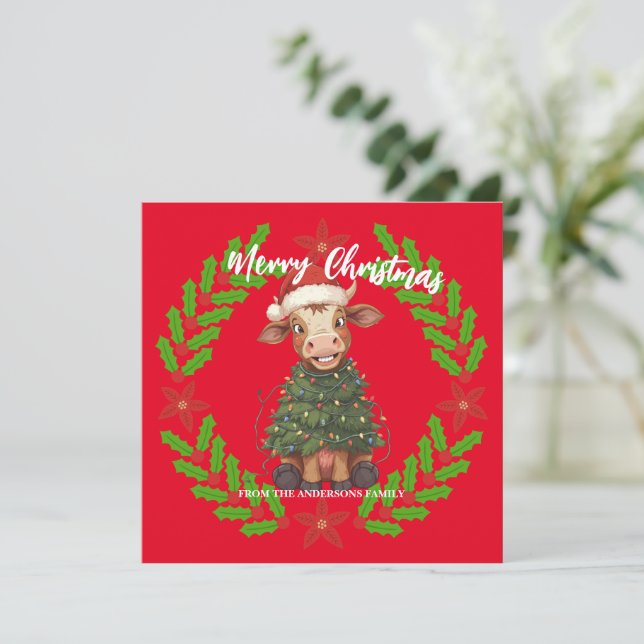 Cartes Pour Fêtes Annuelles Cute merry Cow Christmas tree calf ox Xmas pattern (Debout devant)