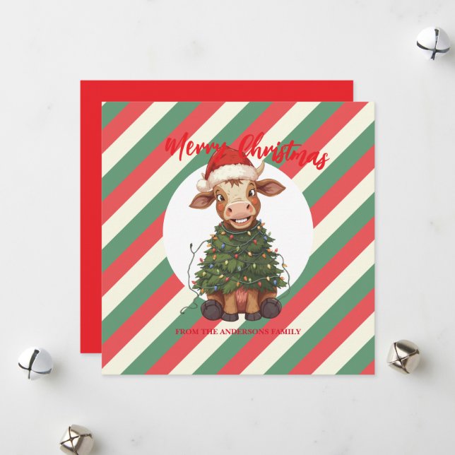 Cartes Pour Fêtes Annuelles Cute merry Cow Christmas tree calf ox Xmas plaid (Devant/Arrière en situation)