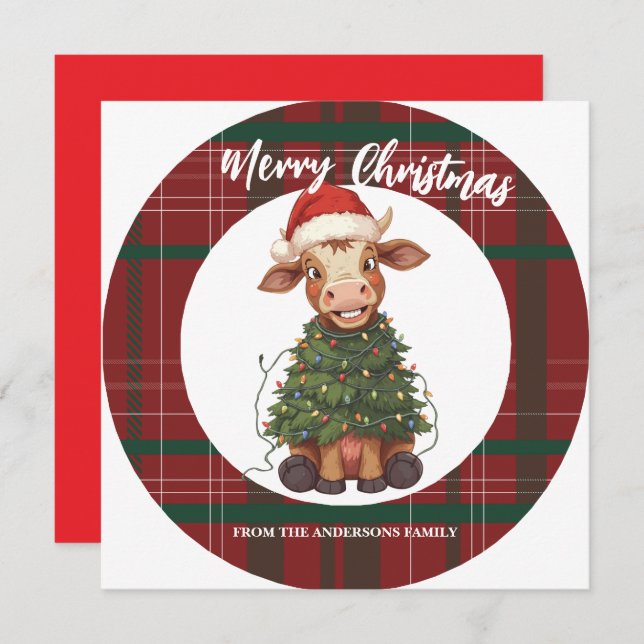 Cartes Pour Fêtes Annuelles Cute merry Cow Christmas tree calf ox Xmas plaid (Devant / Derrière)